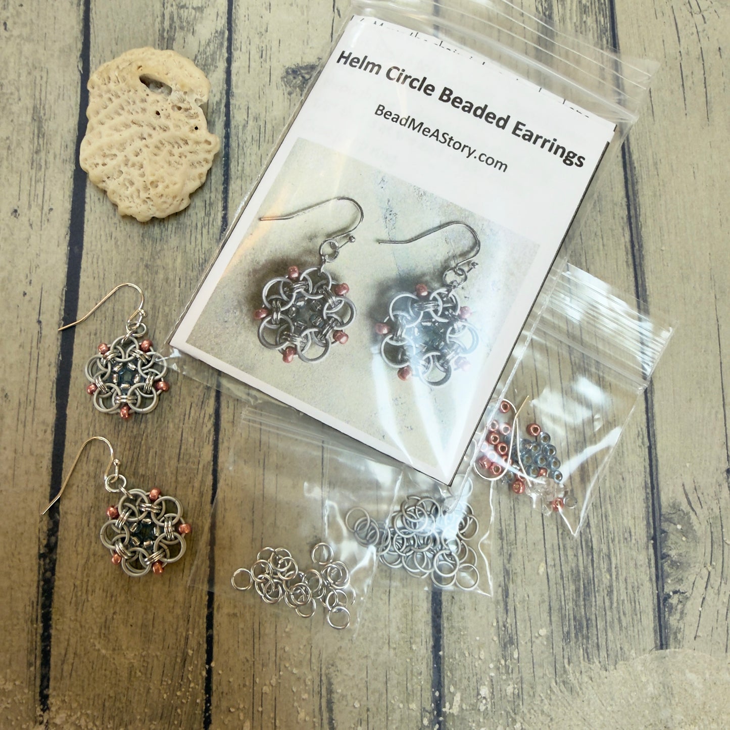 Helm Beaded Circle Earrings Kit with FREE Video - Frost, Silver, Lt Sapphire & Coral