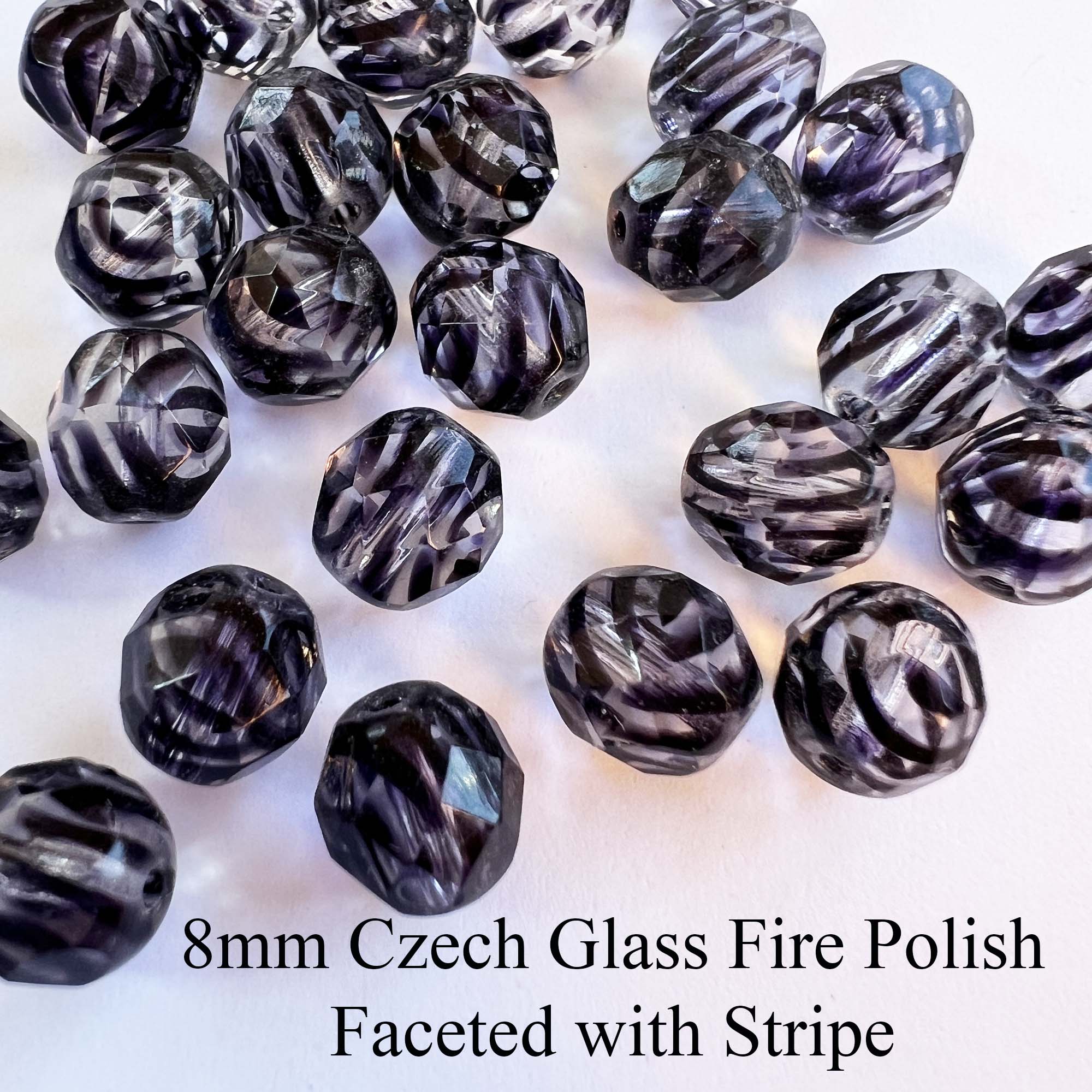 8mm Czech Fire Polish Faceted Clear With Black Stripe Qty 25 Bead