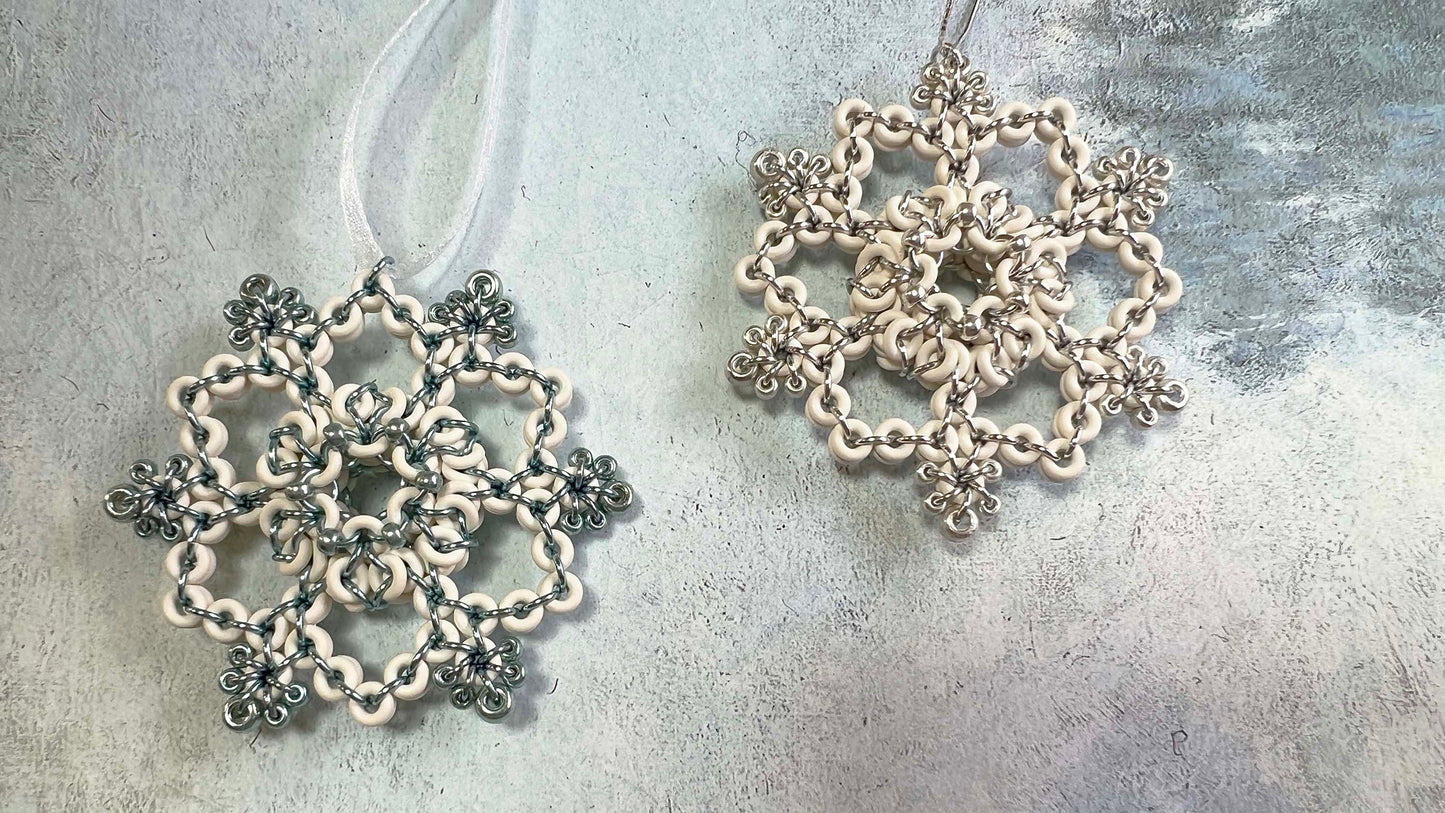 Beaded Lentil Snowflake Ornament Kit with Video Class White Sky Blue and Sea Foam