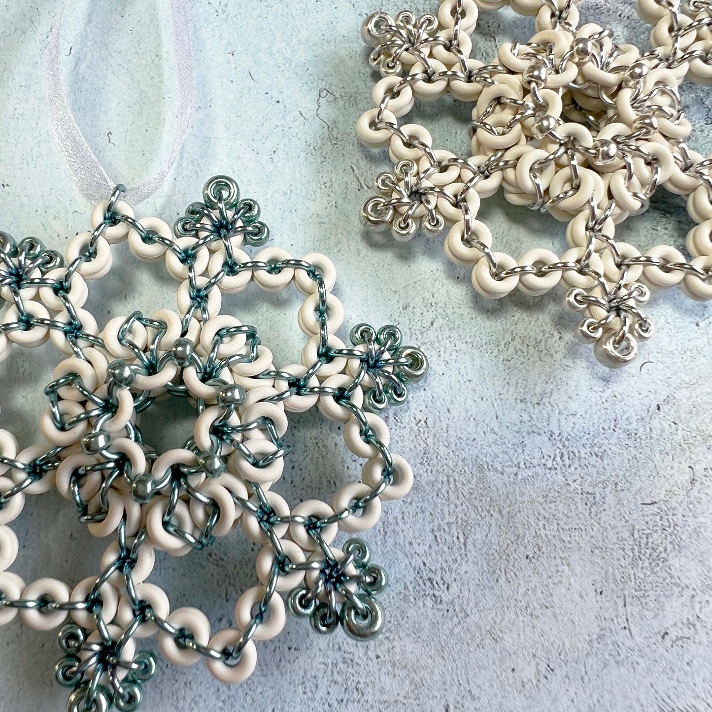 Beaded Lentil Snowflake Ornament Kit with Video Class White Sky Blue and Sea Foam