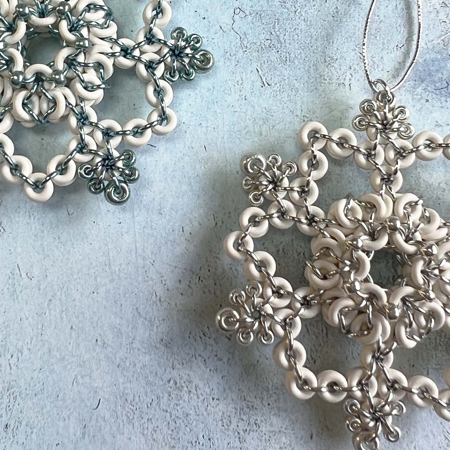 Beaded Lentil Snowflake Ornament Kit with Video Class White Sky Blue and Sea Foam