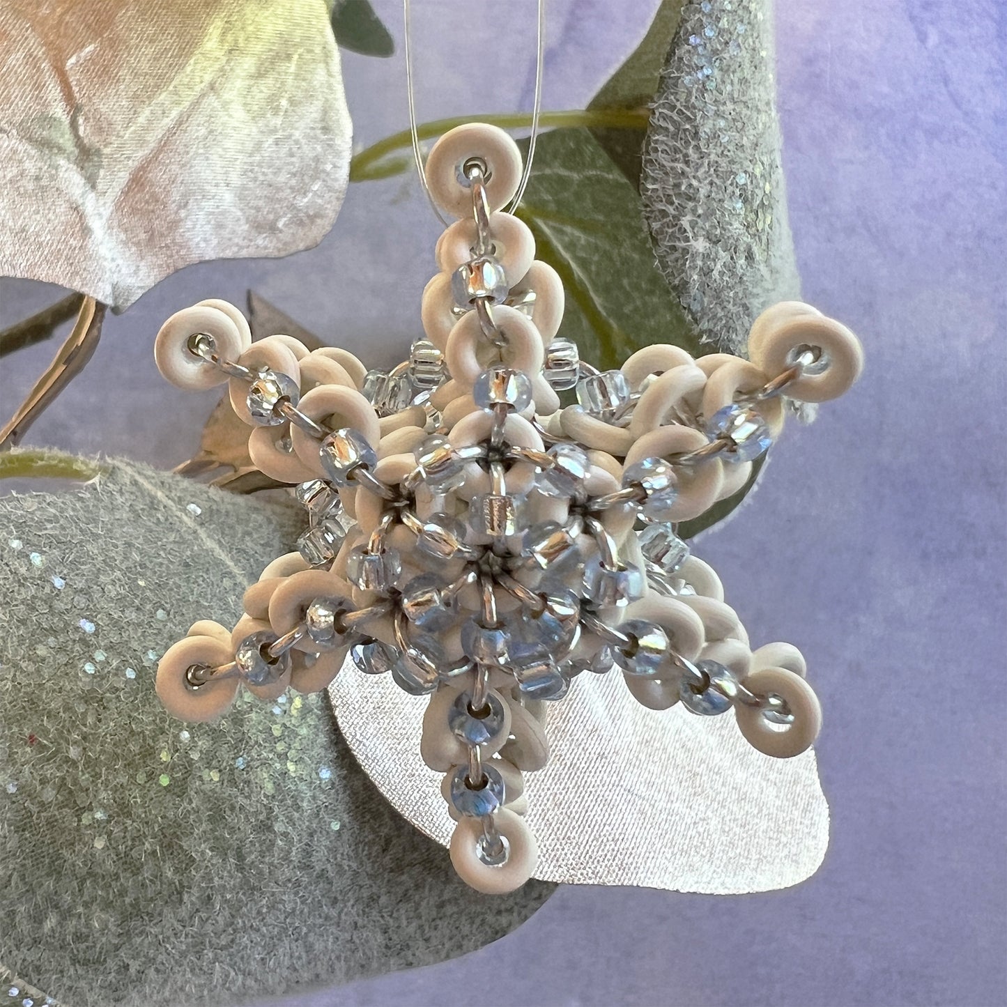 Beaded Spine Snowflake Ornament Kit with Video Class - White, Silver & Silver Lined Light Sapphire