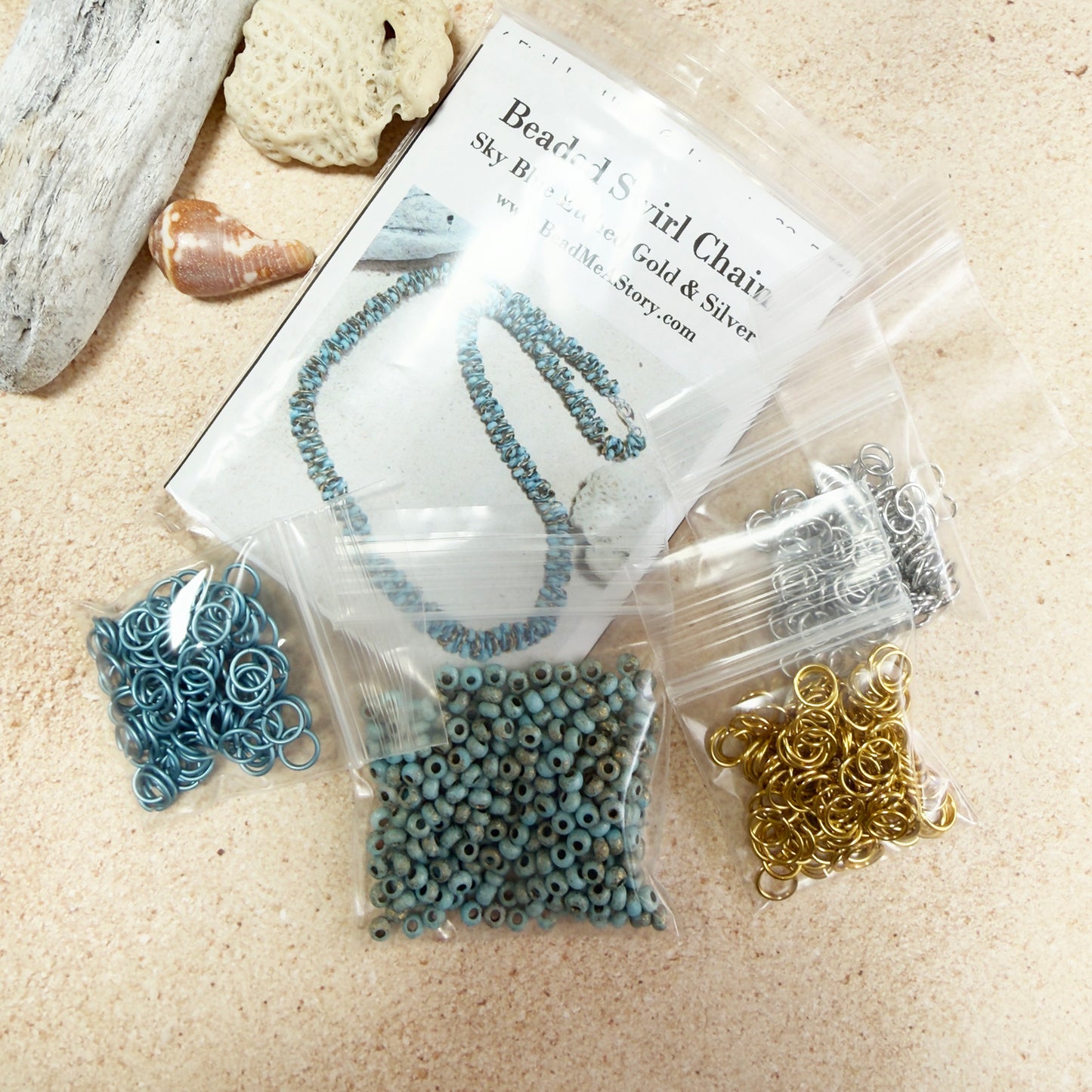 Beaded Swirl Chain Necklace Mini Kit with Video Class - Sky Blue Etched, Gold, & Silver