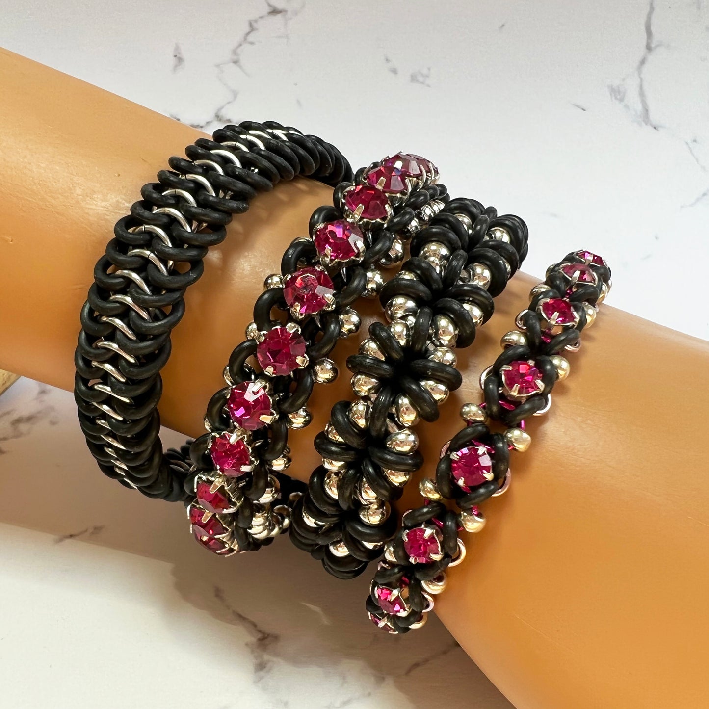 Big Bling Stretch Bracelet - Black, Silver & Fuchsia