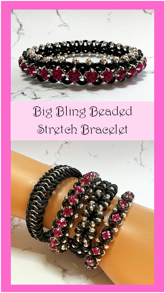 Big Bling Stretch Bracelet - Black, Silver & Fuchsia