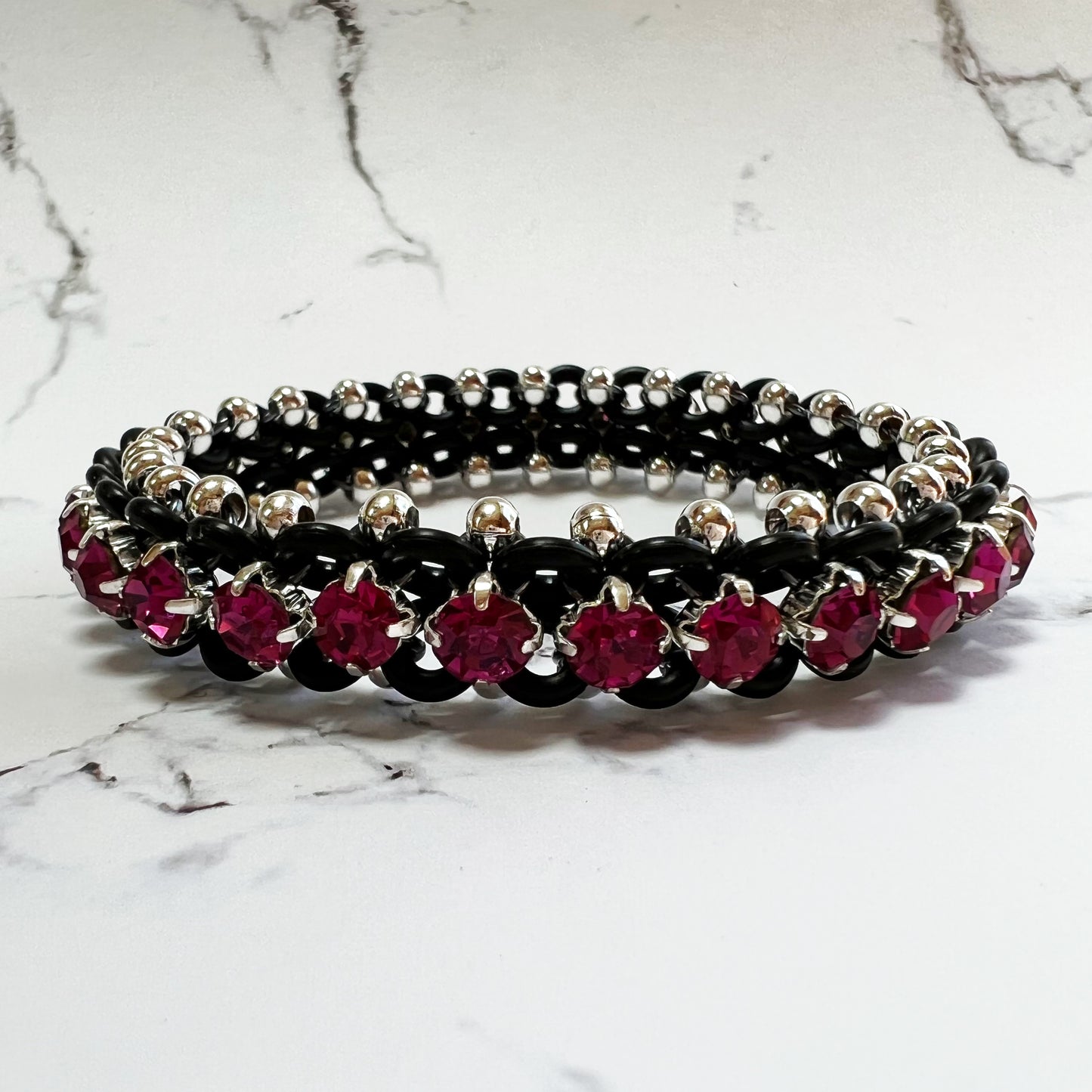 Big Bling Stretch Bracelet - Black, Silver & Fuchsia