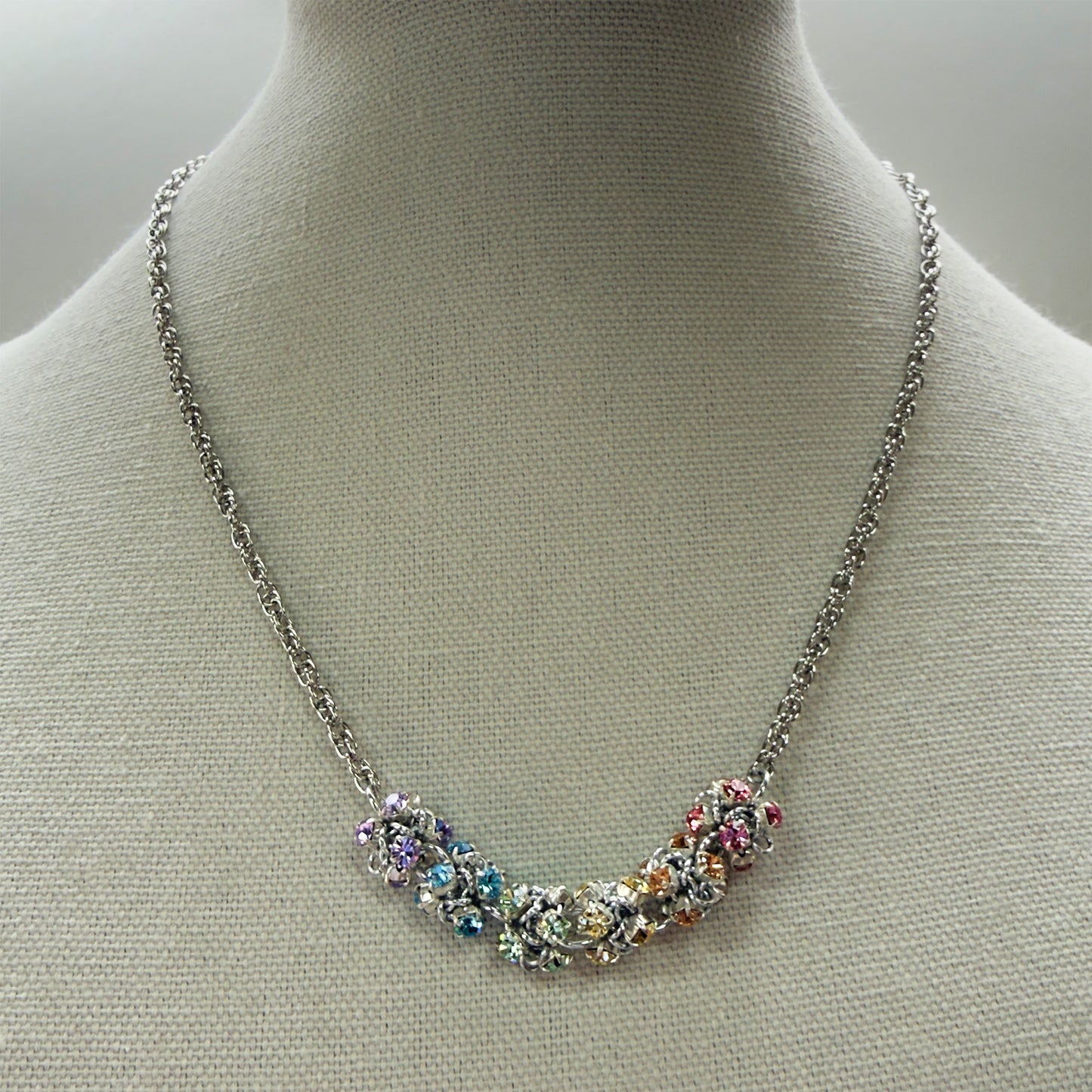 Caterpillar Rhinestone Link Necklace Kit with Video Class - Silver & Pastel Rainbow