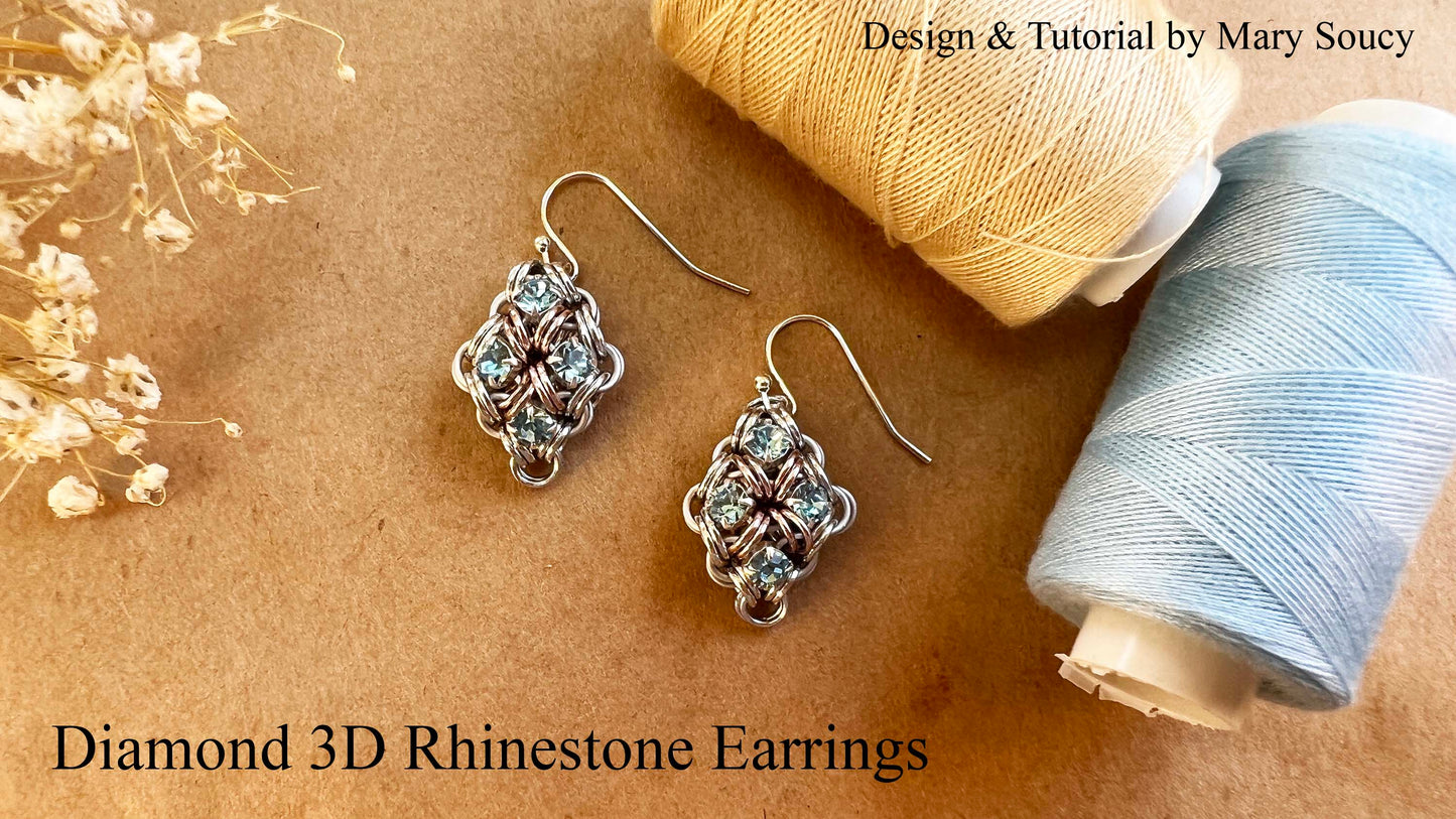 Diamond 3D Rhinestone Earrings - Aquamarine, Silver and Rose Gold