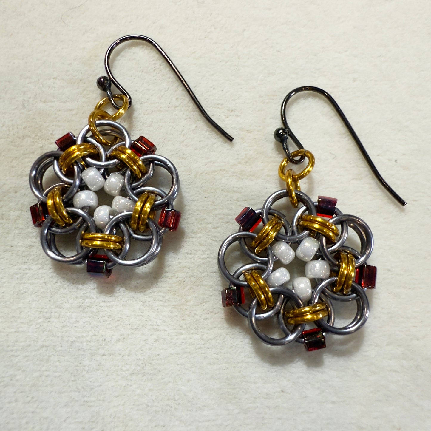 Helm Beaded Circle Earrings Mini Kit with Free Video - Gunmetal, Gold, Garnet AB & Antique Ivory