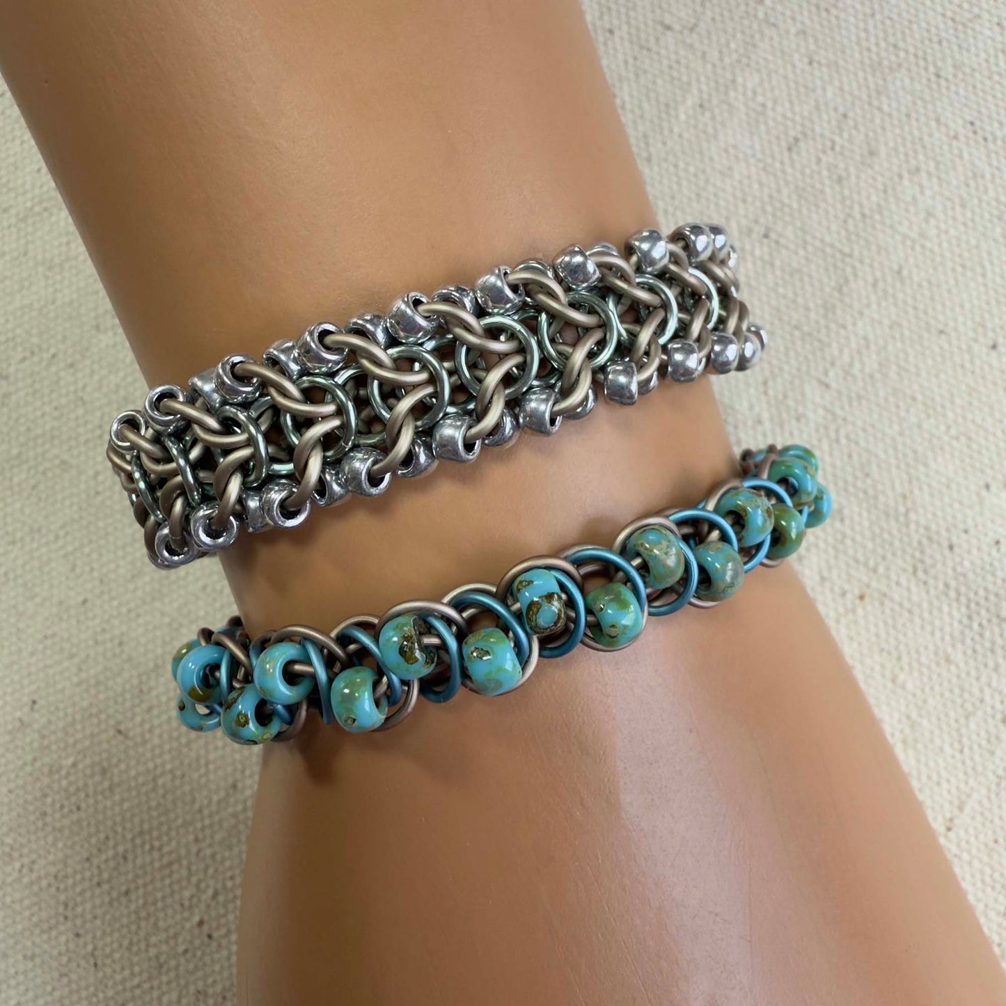 Jellybeans on Parade Beaded Bracelet Kit with Free Video - Matte Champagne, Matte Sky & Turquoise Picasso