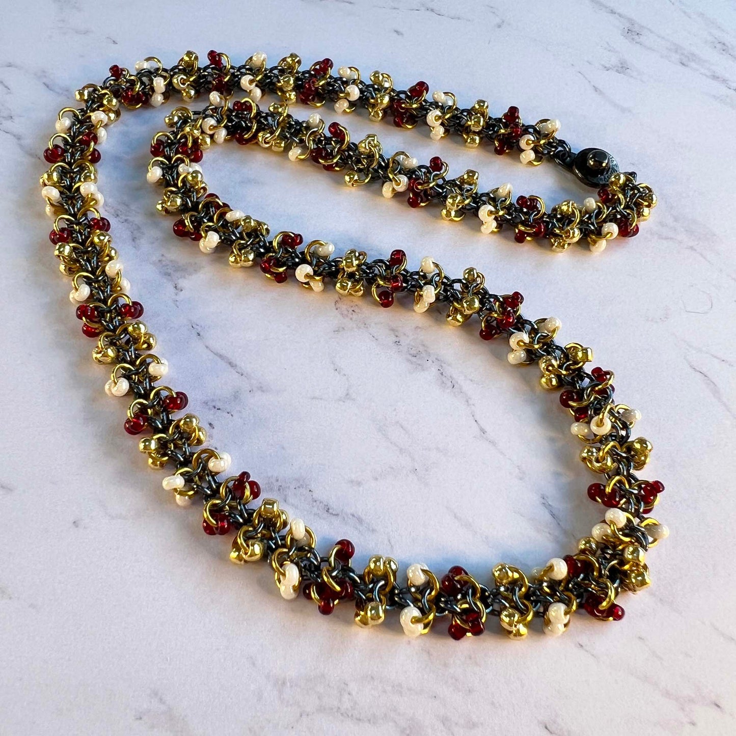 Magus Beaded Chain Necklace Kit with Video Class - Gunmetal Gold Starlight Garnet and Eggshell