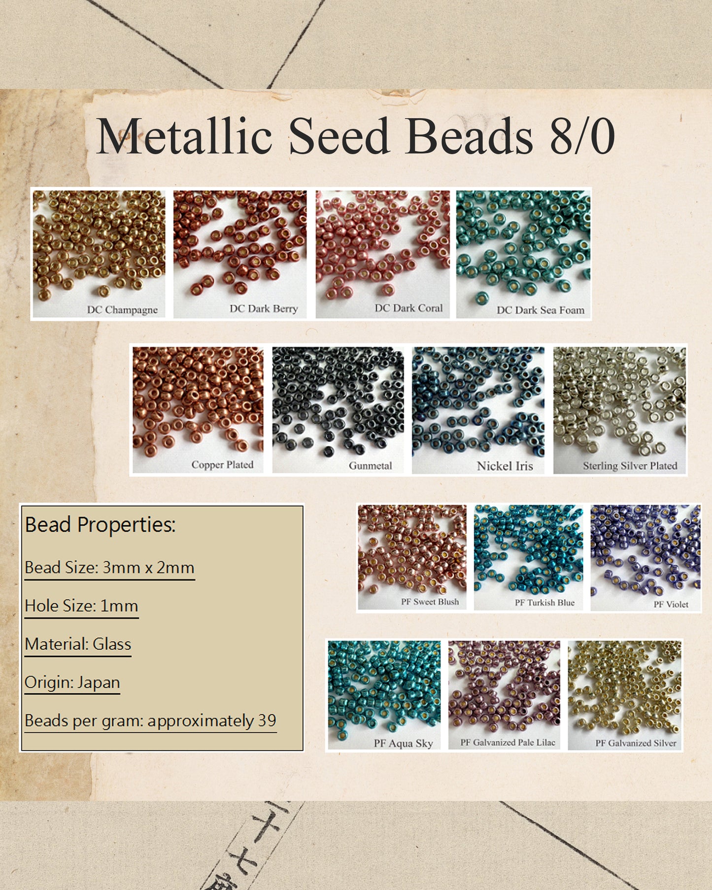 8/0 Miyuki and Toho Metallic Finish Seed Beads