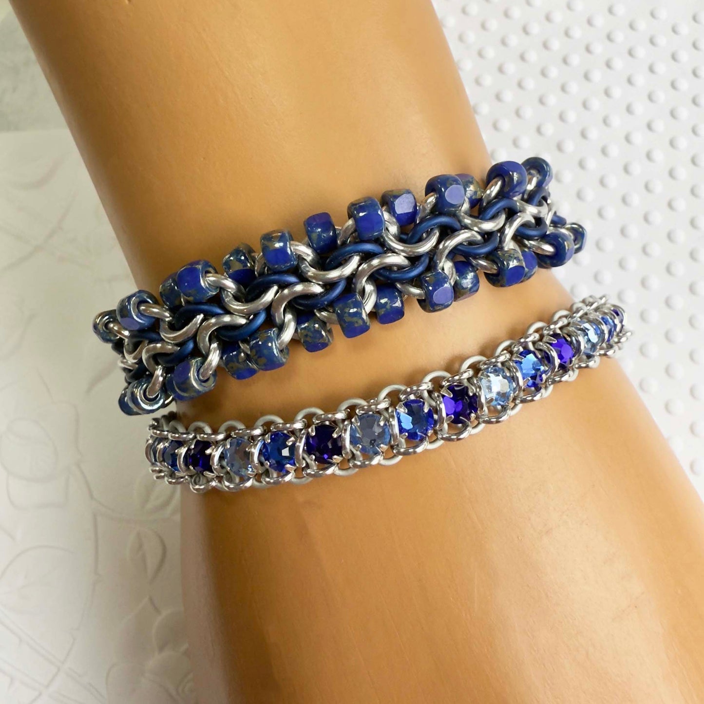 Unbalanced Bead Chain Bracelet kit with FREE video Silver Matte Navy and Blue Rembrandt