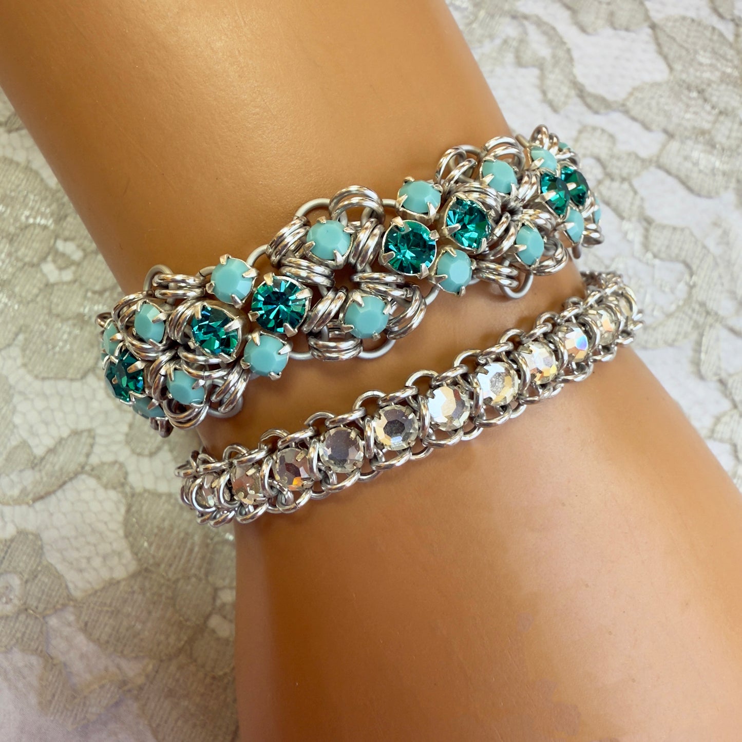 Pair of Queens Preciosa Rhinestone Bracelet Kit with Video Class - Silver, Blue Zircon & Turquoise