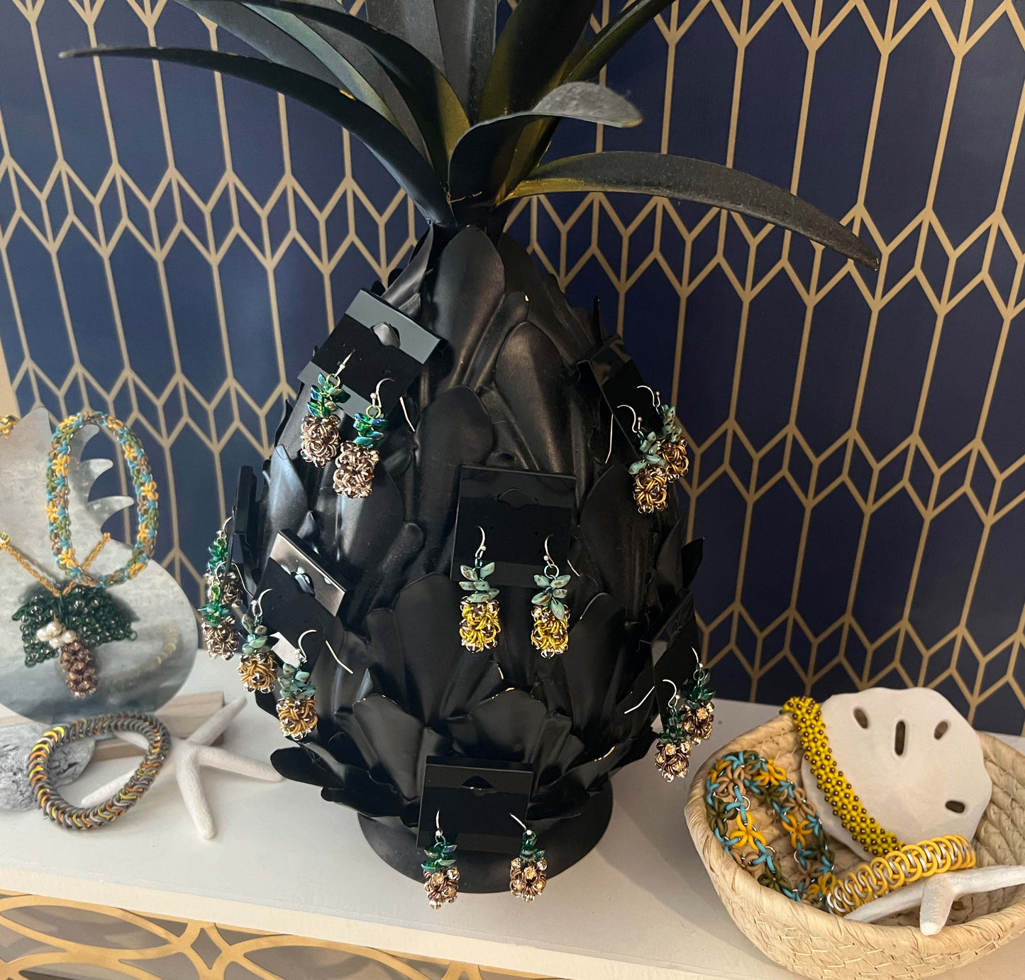 Pineapple Rhinestone Charm Earrings Kit and Video Class - Matte Gold, Brown & Turquoise Picasso