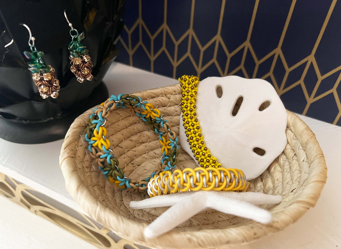 Pineapple Rhinestone Charm Earrings Kit and Video Class - Matte Gold, Brown & Turquoise Picasso