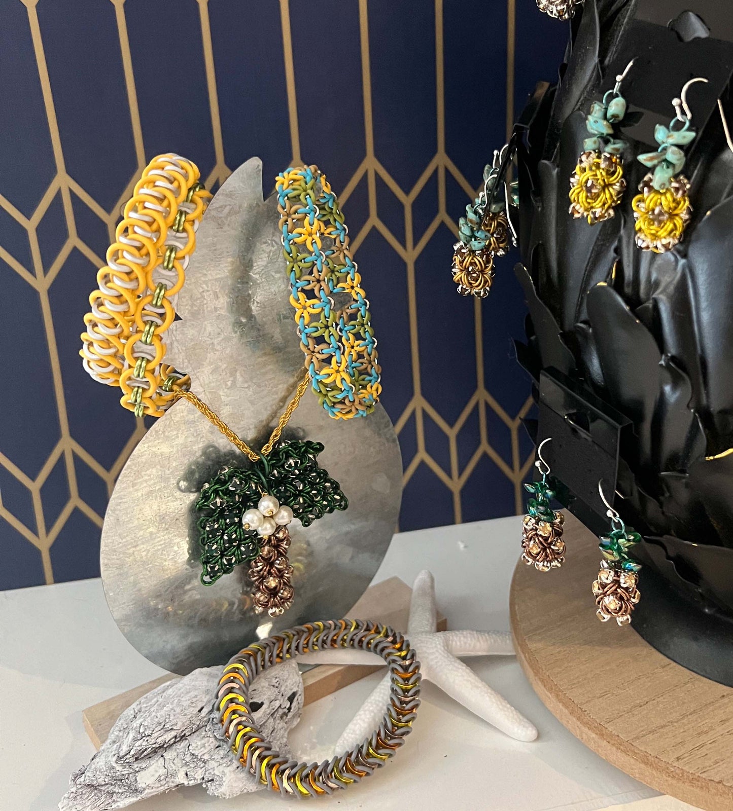 Pineapple Rhinestone Charm Earrings Kit and Video Class - Matte Gold, Brown & Turquoise Picasso