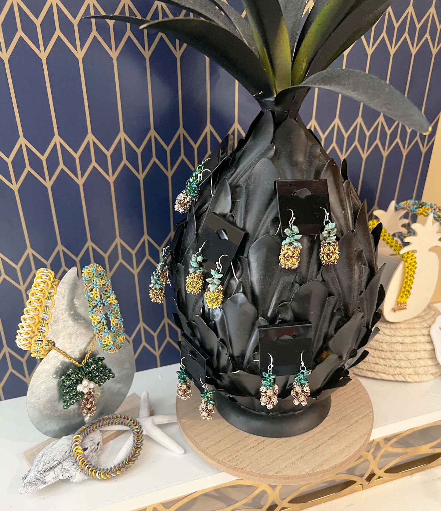 Pineapple Rhinestone Charm Earrings Kit and Video Class - Matte Gold, Brown & Turquoise Picasso