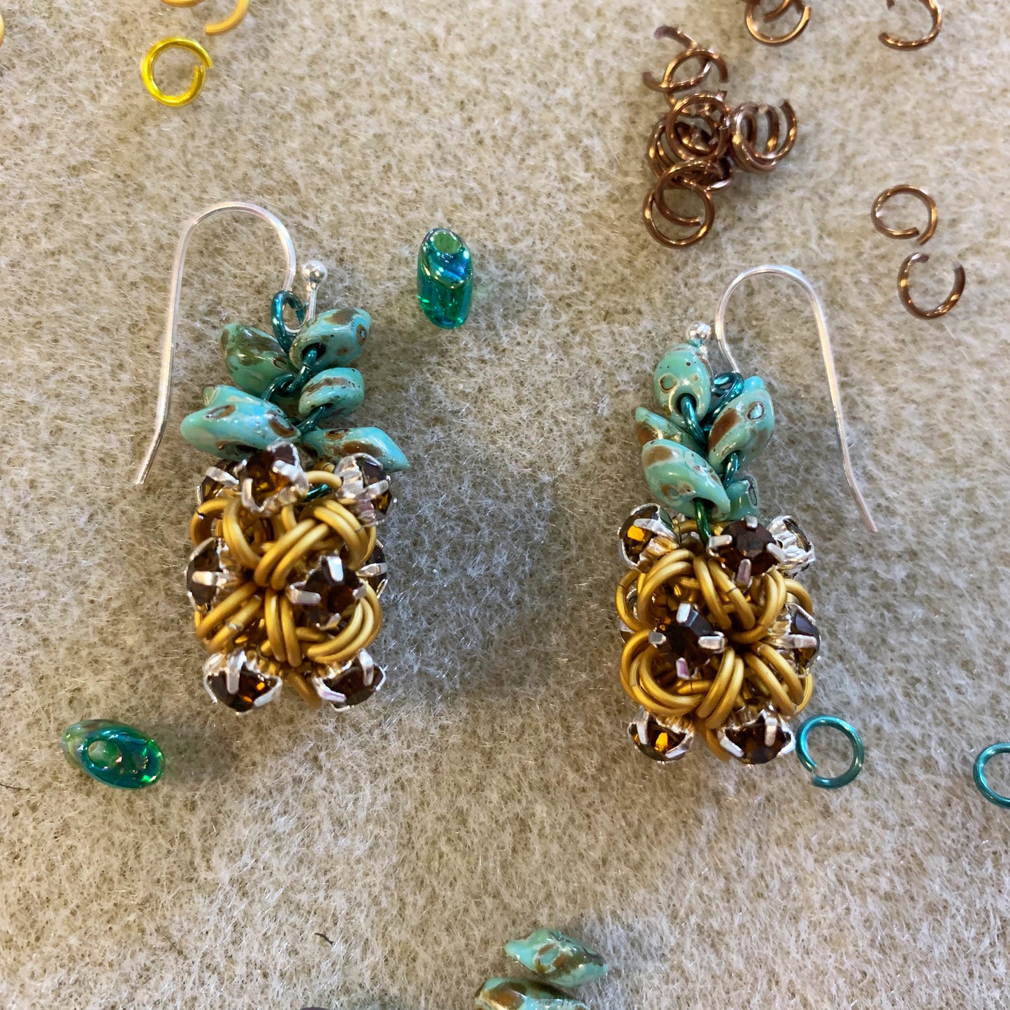 Pineapple Rhinestone Charm Earrings Kit and Video Class - Matte Gold, Brown & Turquoise Picasso