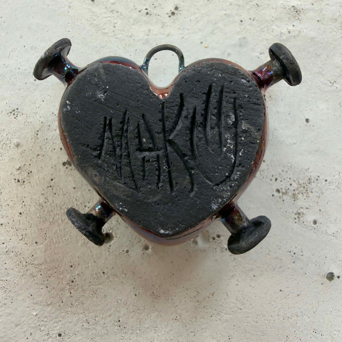 Raku Small Nailed Heart (1" x 1 1/2") - OOAK Ceramic
