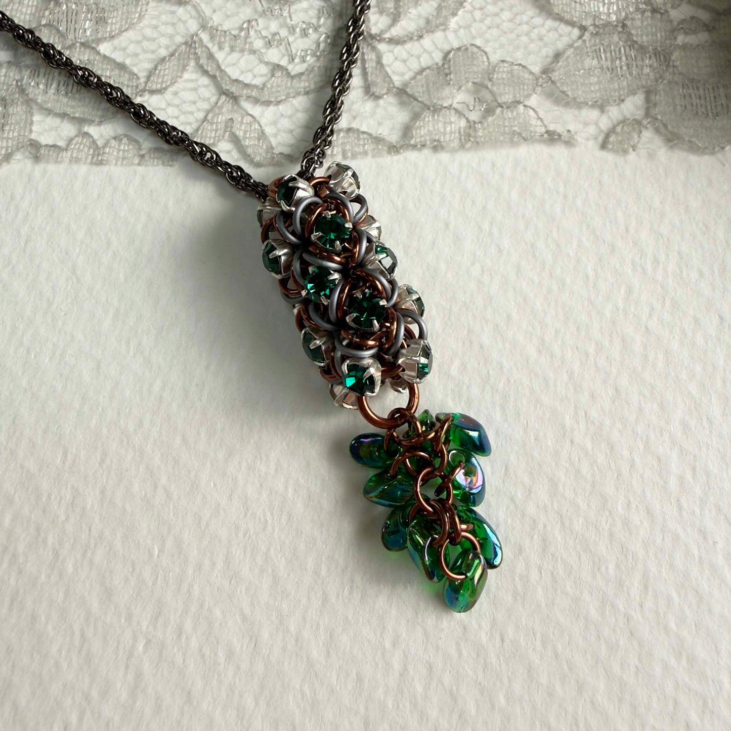Rhinestone Tube & Long Magatamas Pendant Kit with Video Class - Brown, Matte Gunmetal & Emerald