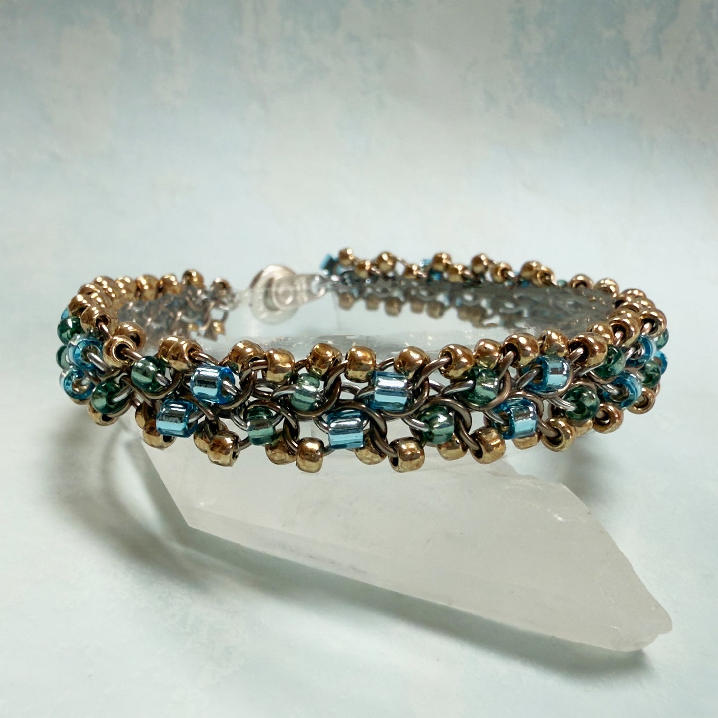 Unbalanced Bias Bead Bracelet Kit with Video Class - Champagne and Silver with Silver Lined Aqua & Lichen