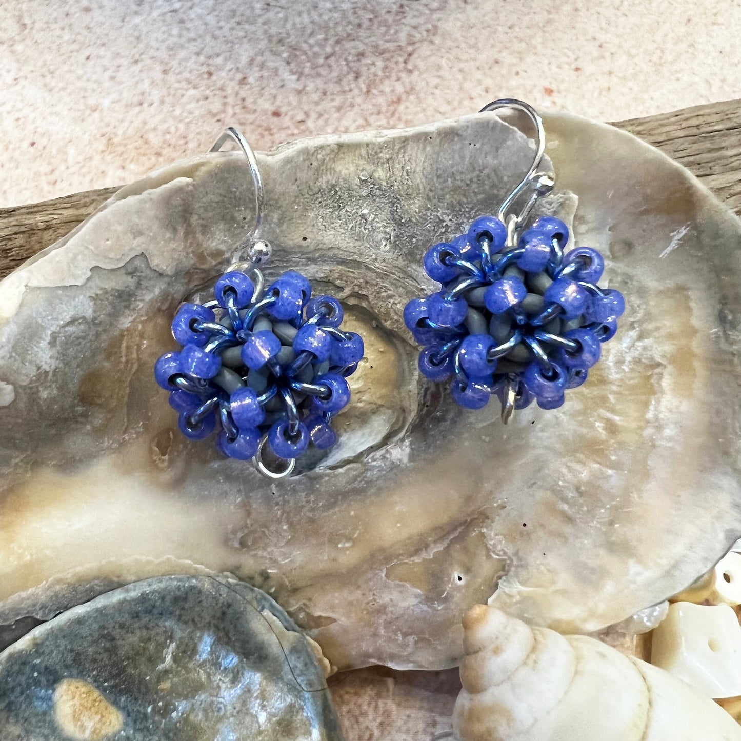 Beaded Ball Earrings - Periwinkle Alabaster