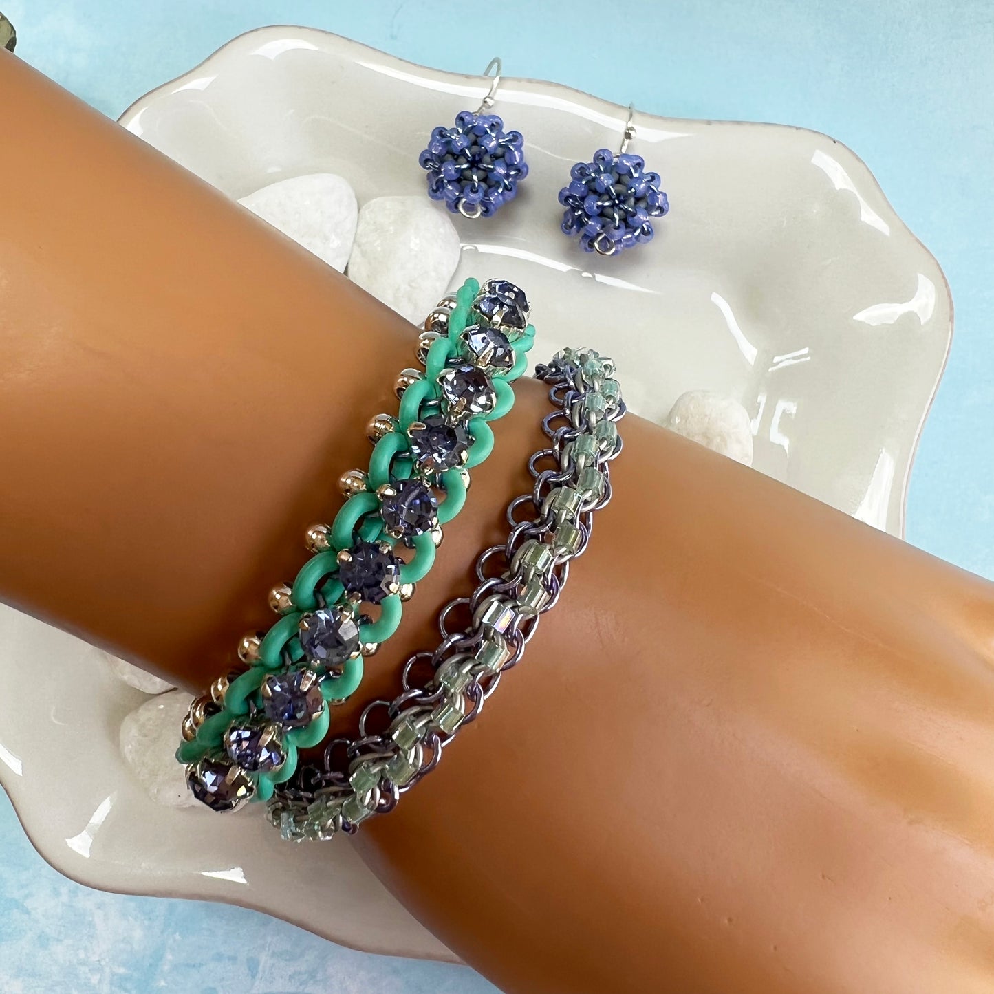 Big Bling Stretch Bracelet Kit with video class - Aqua Seafoam, Silver & Tanzanite