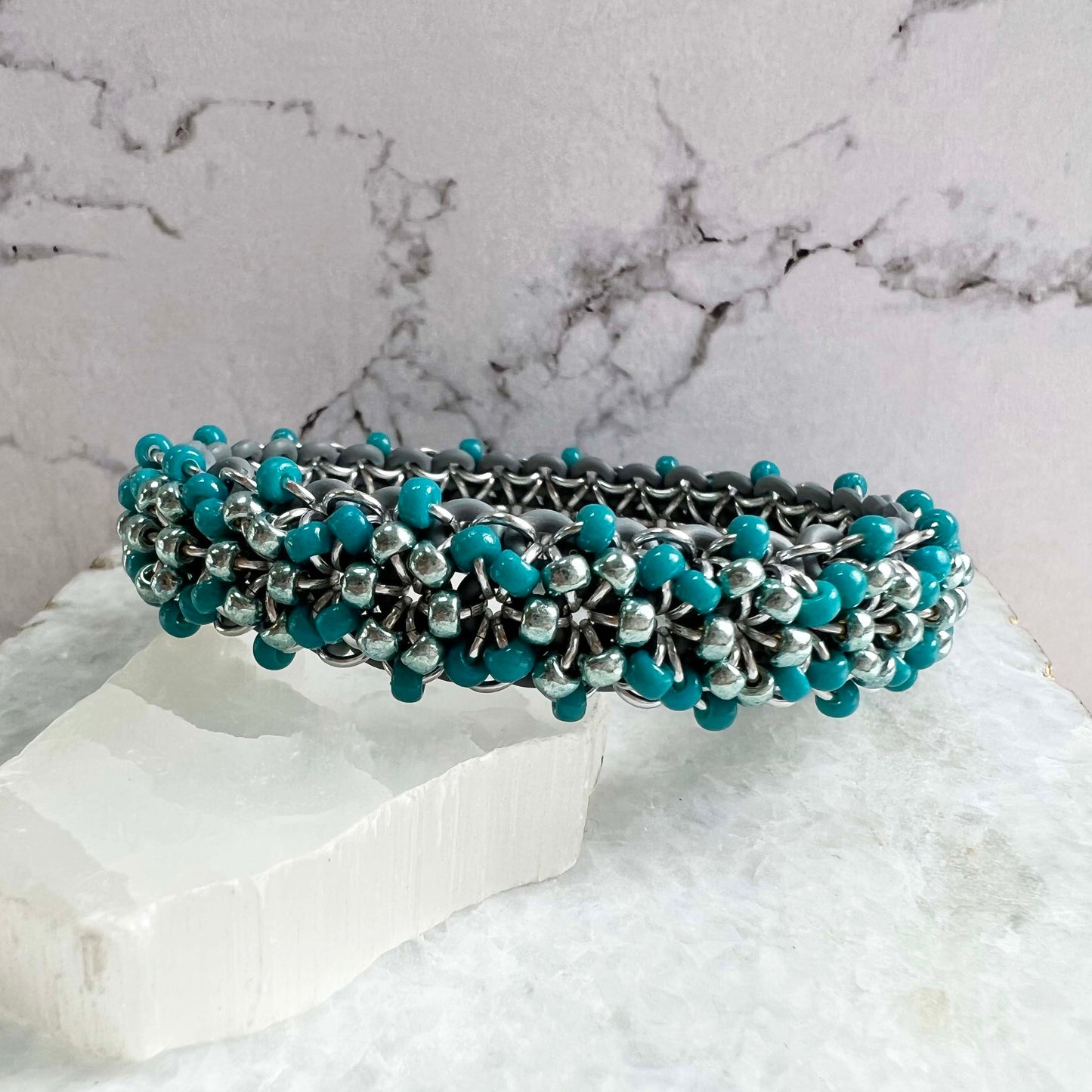 Cluster Flower Bracelet Kit with Video Class - Charcoal, Silver, Azure & Dark Seafoam