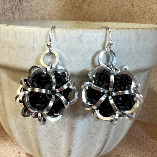 Dodecahedron Earrings (Japanese 5 in 2 Ball)  Kit with Free Video - Black & Silver