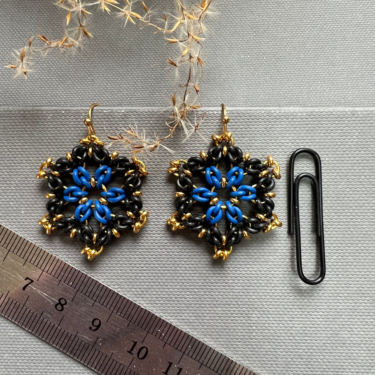 Tri Flower Beaded Earrings Mini Kit and Free Video Black Celestial Blue and Gold