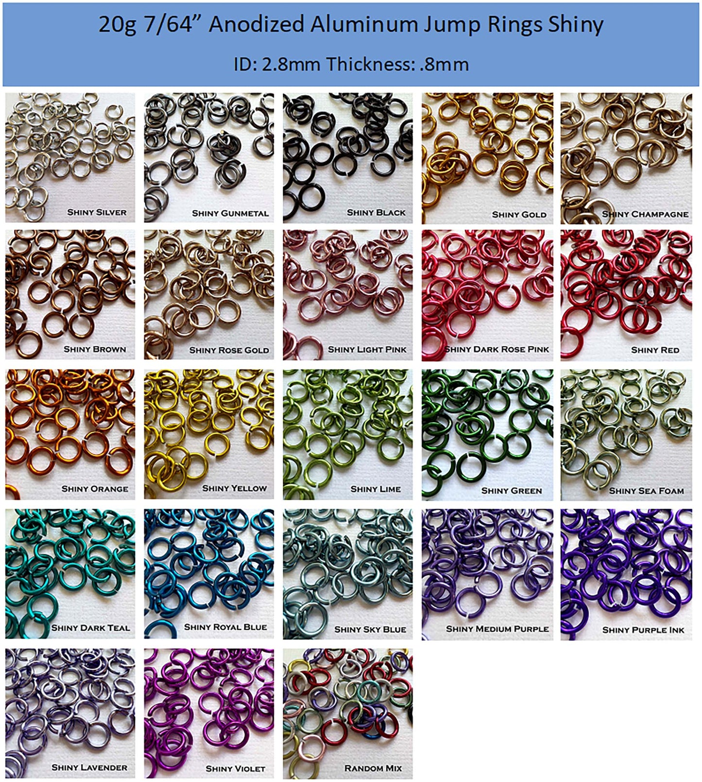 20g 7/64" Jump Rings SHINY (AWG) ID: 2.8mm- choose color & quantity