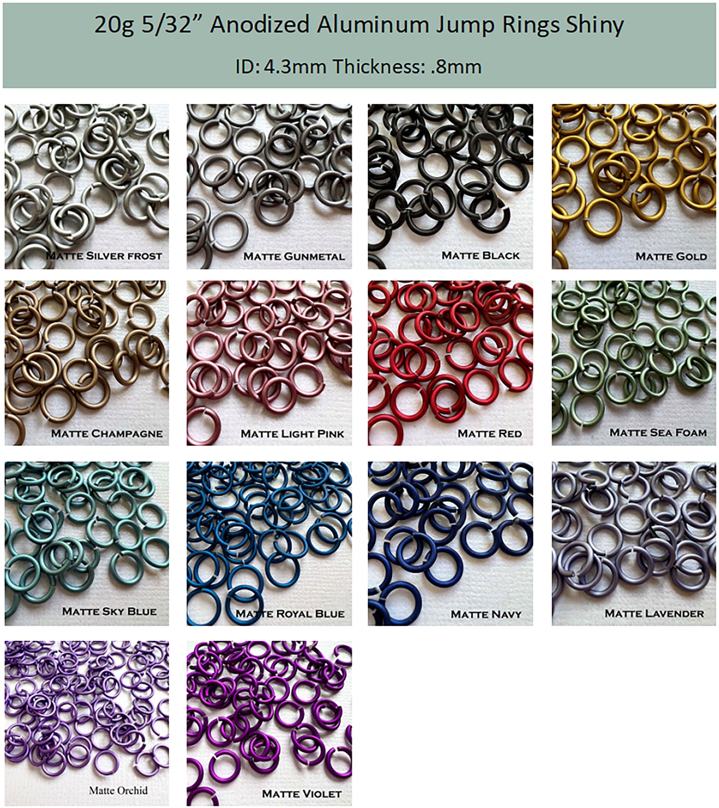 20g 5/32" Jump Rings MATTE (AWG) ID: 4.3mm- choose color & quantity