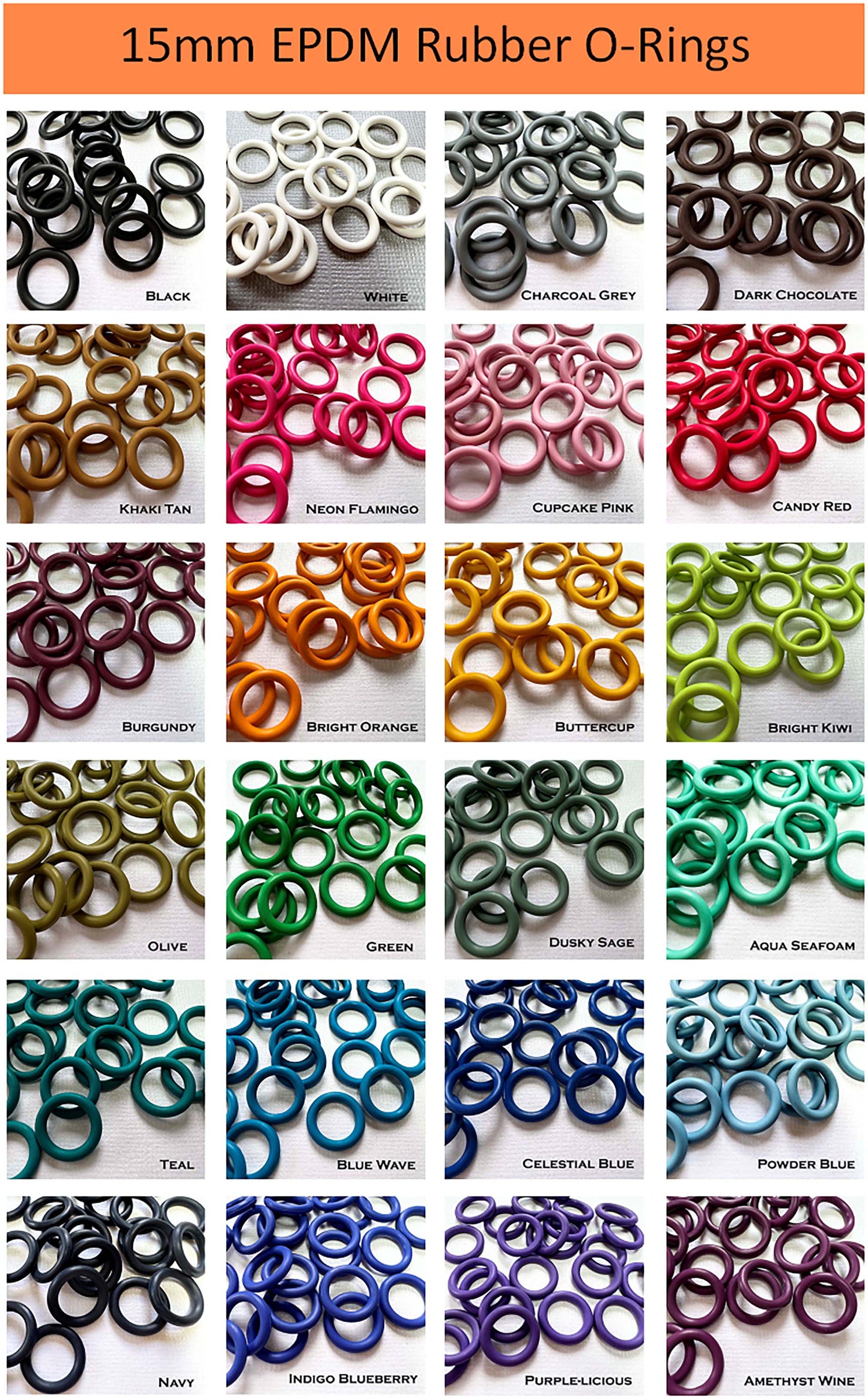 15mm Rubber O-Rings (ID: 10mm) - choose color & quantity