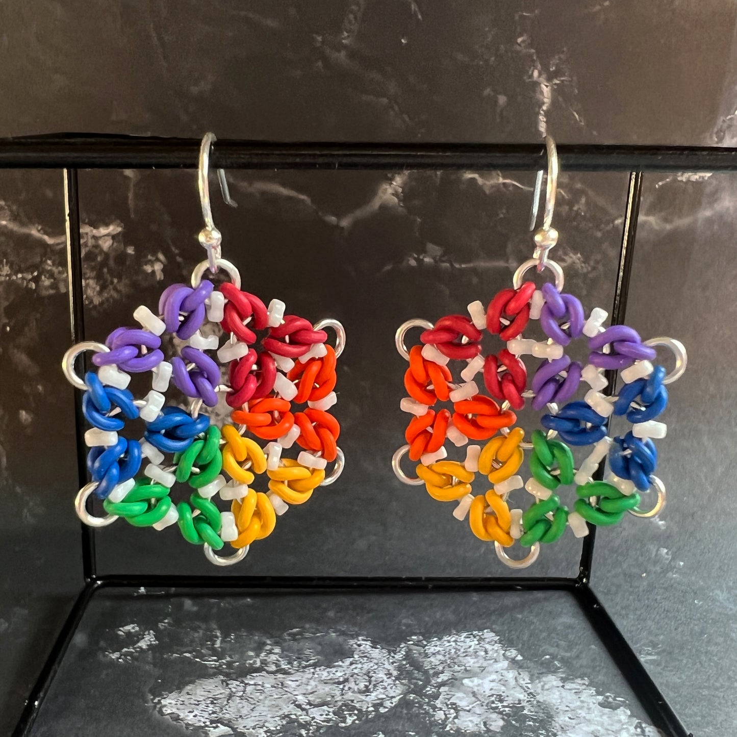 Tri Flower Beaded Earrings Mini Kit and Free Video Rainbow Silver and White