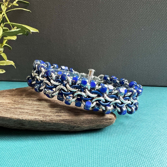 Unbalanced Bead Chain Bracelet kit with FREE video Silver Matte Navy and Blue Rembrandt