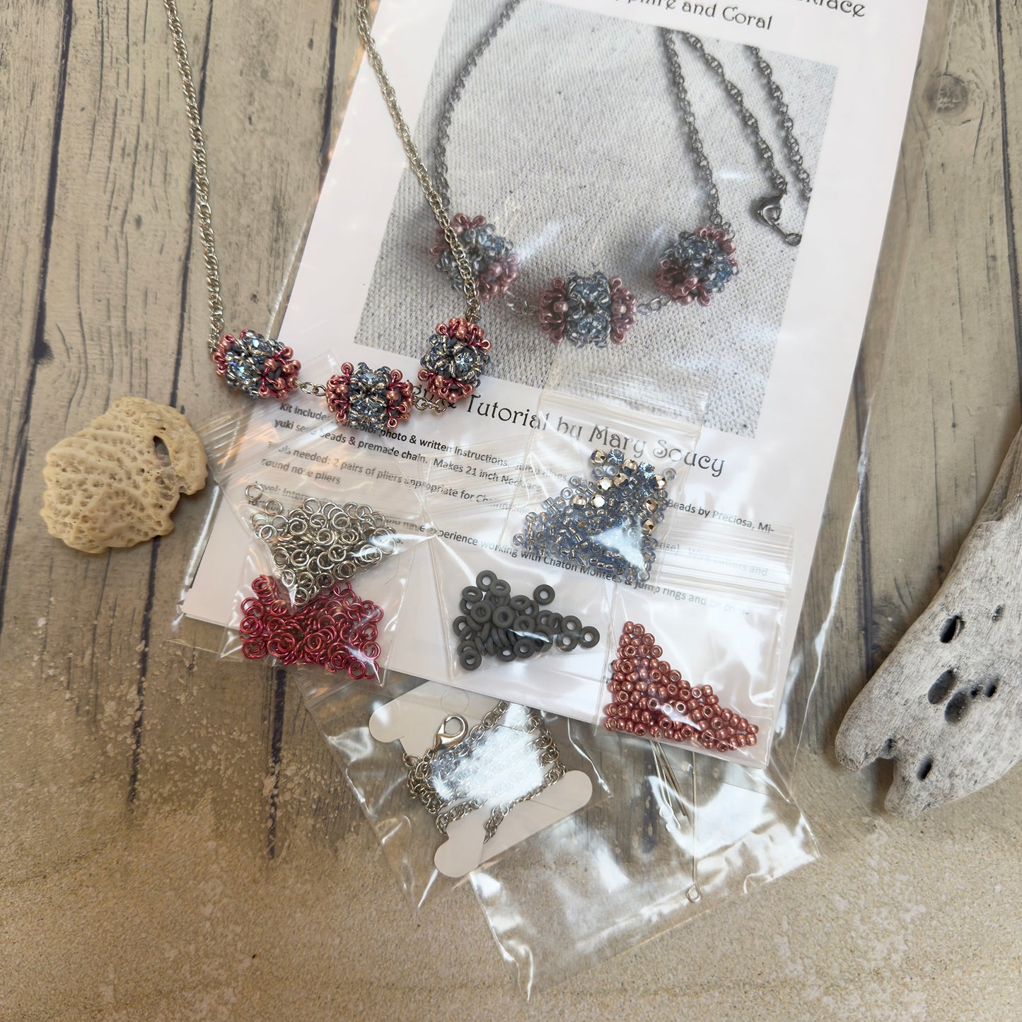 Beaded Rhinestone Bead Necklace - Light Sapphire and Coral