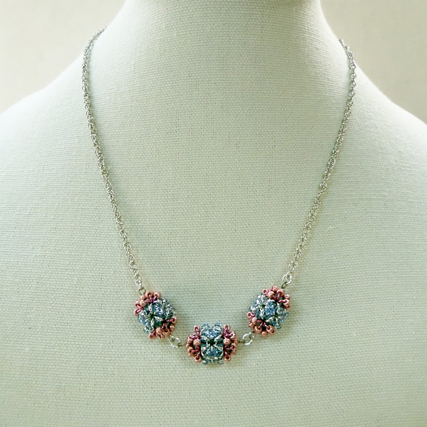 Beaded Rhinestone Bead Necklace - Light Sapphire and Coral