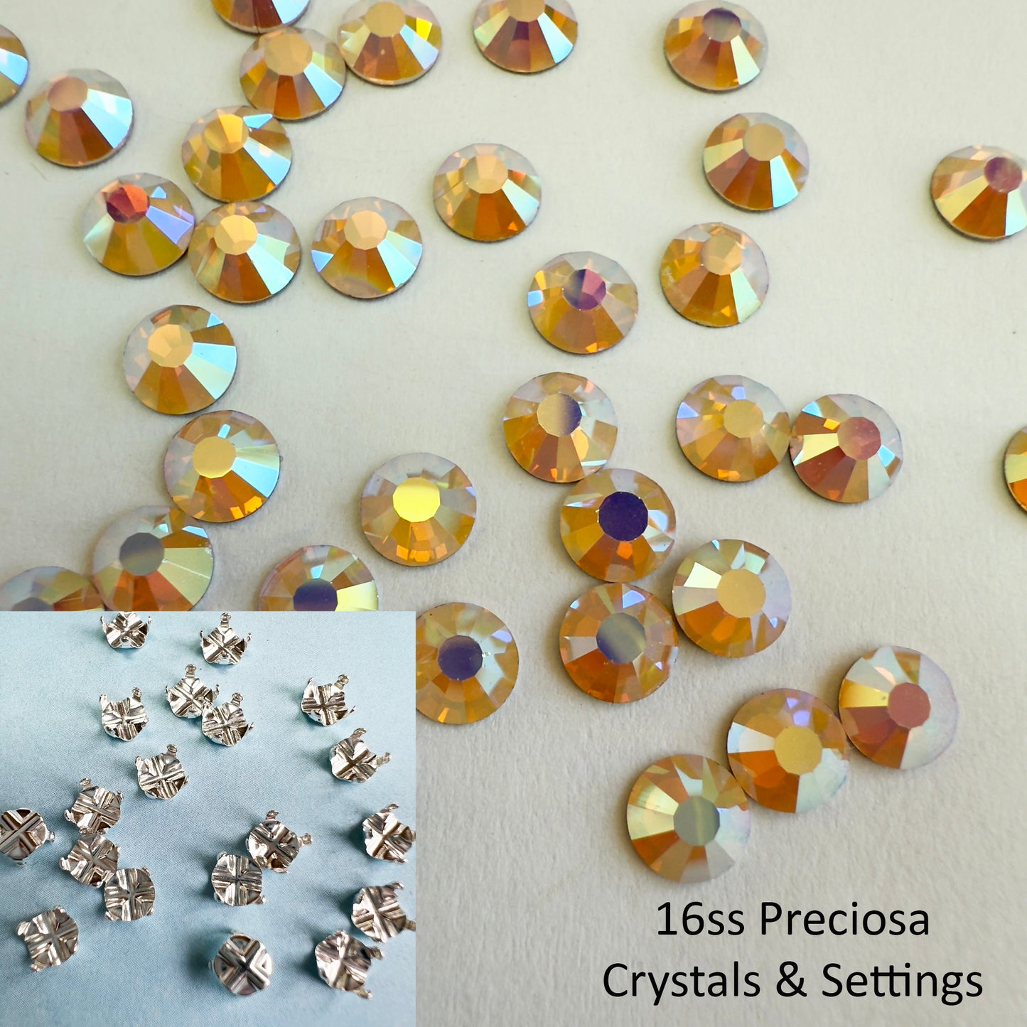 Set your own Preciosa Rose Montees AB Colors 16ss (3.8-4mm) - Pkg of 25 settings + 25 flat back Preciosa Rhinestones