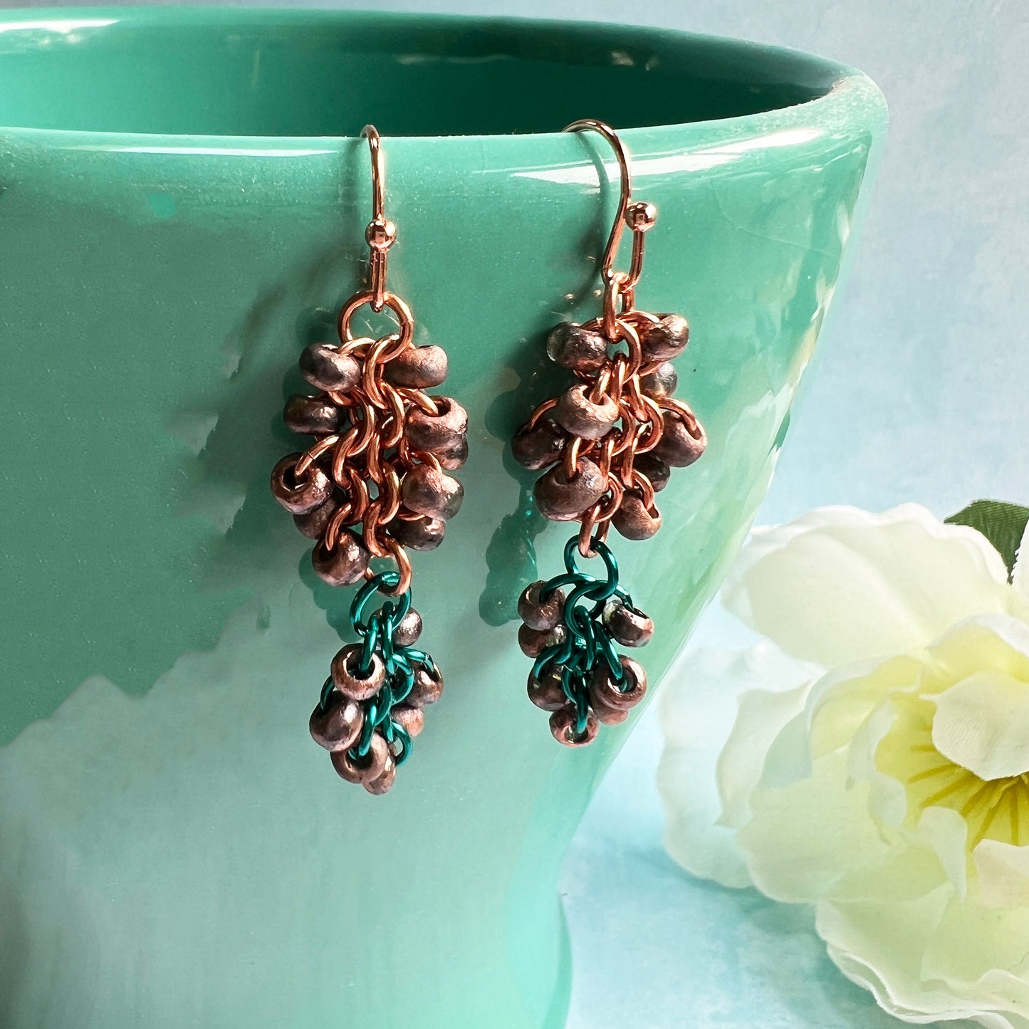 Czech Beaded Euro 4 in 1 Earrings Kit with FREE Video - Copper, Teal & Etched Full Capri