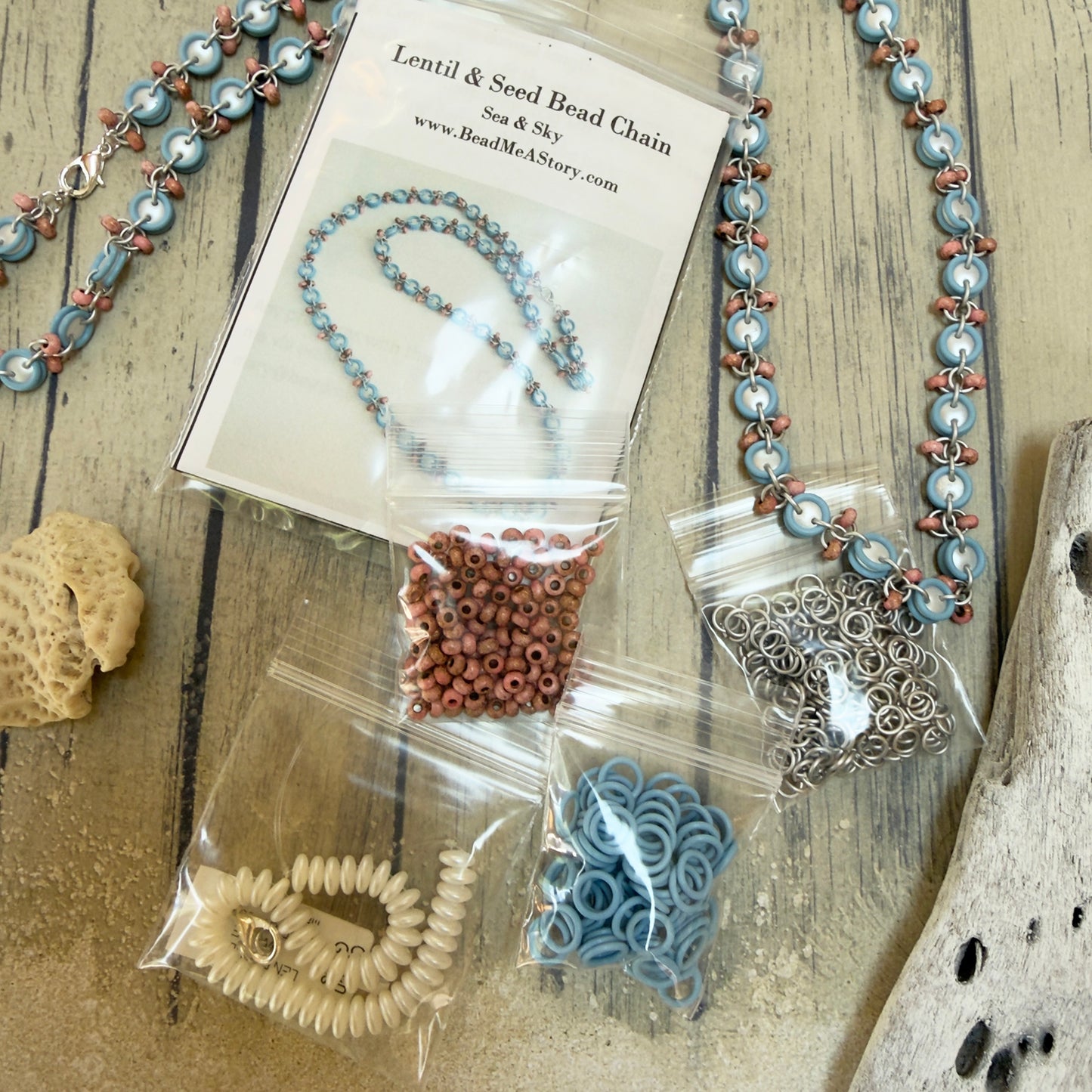 Lentil & Seed Bead Chain Necklace Mini Kit with Video Class - Saltwater Sunset