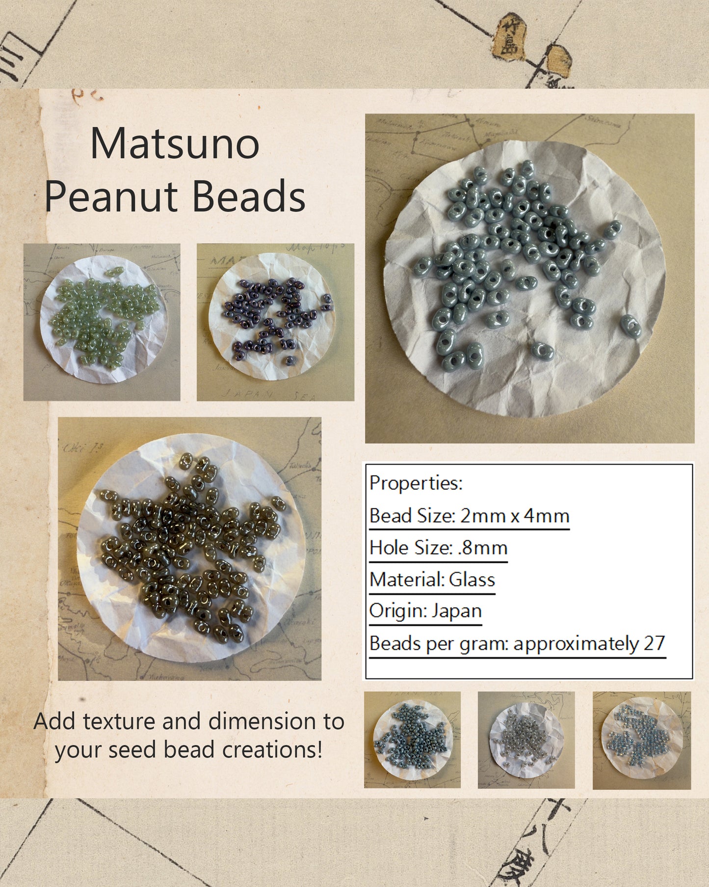 Matsuno Peanut Beads (10 grams) 2mm x 4mm glass seed beads - choose color