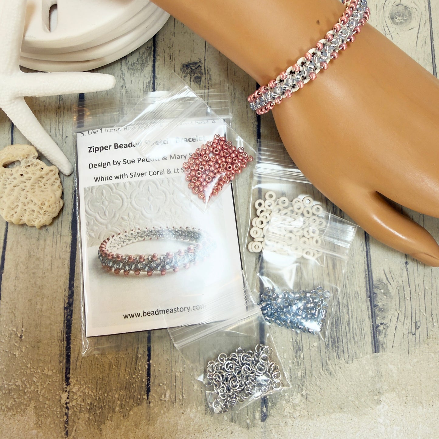 Zipper Bracelet Mini Kit with Video Class - White, Silver, Coral & Light Sapphire