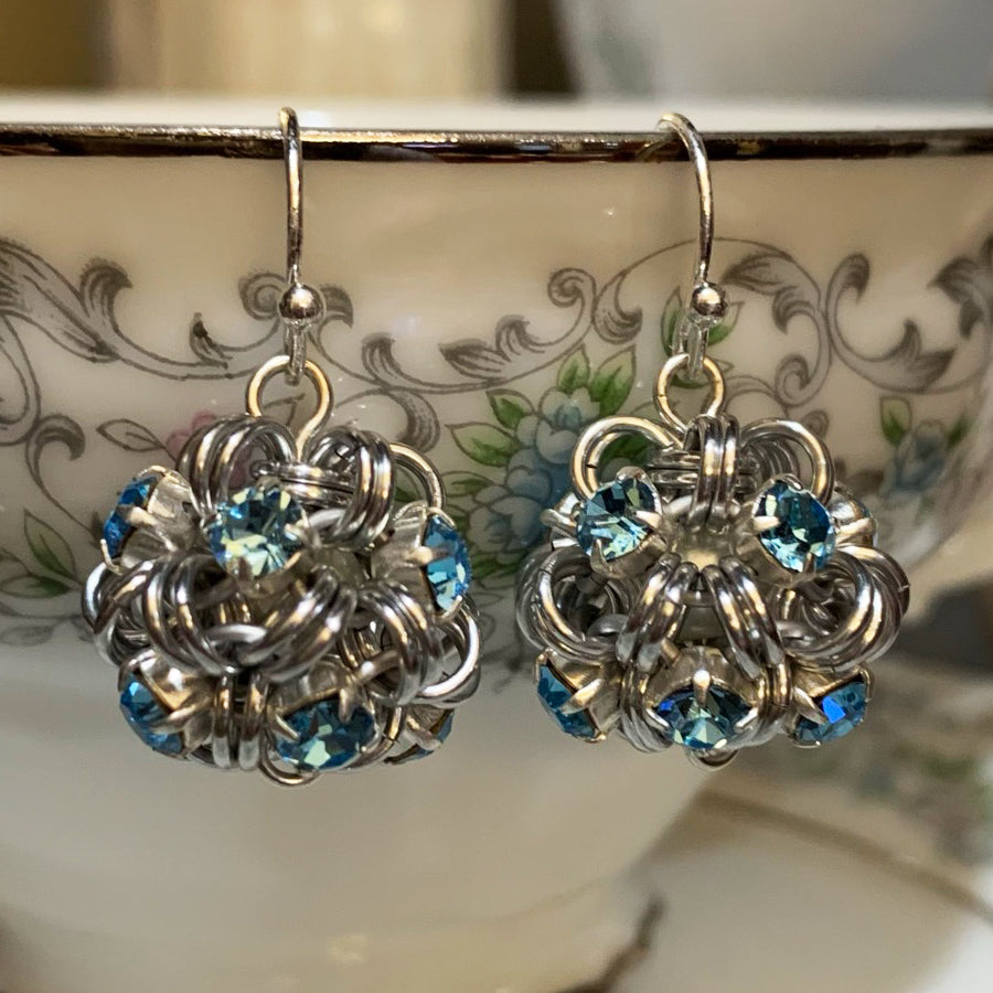Rhinestone Ball Earrings - Silver & Aquamarine