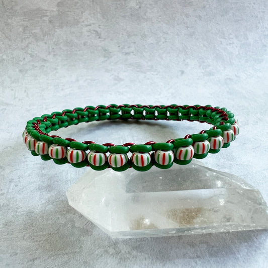 Beaded Stretch Bangle with Czech Beads Mini Kit & FREE Video - Green, Red & White Small Green Red Stripes
