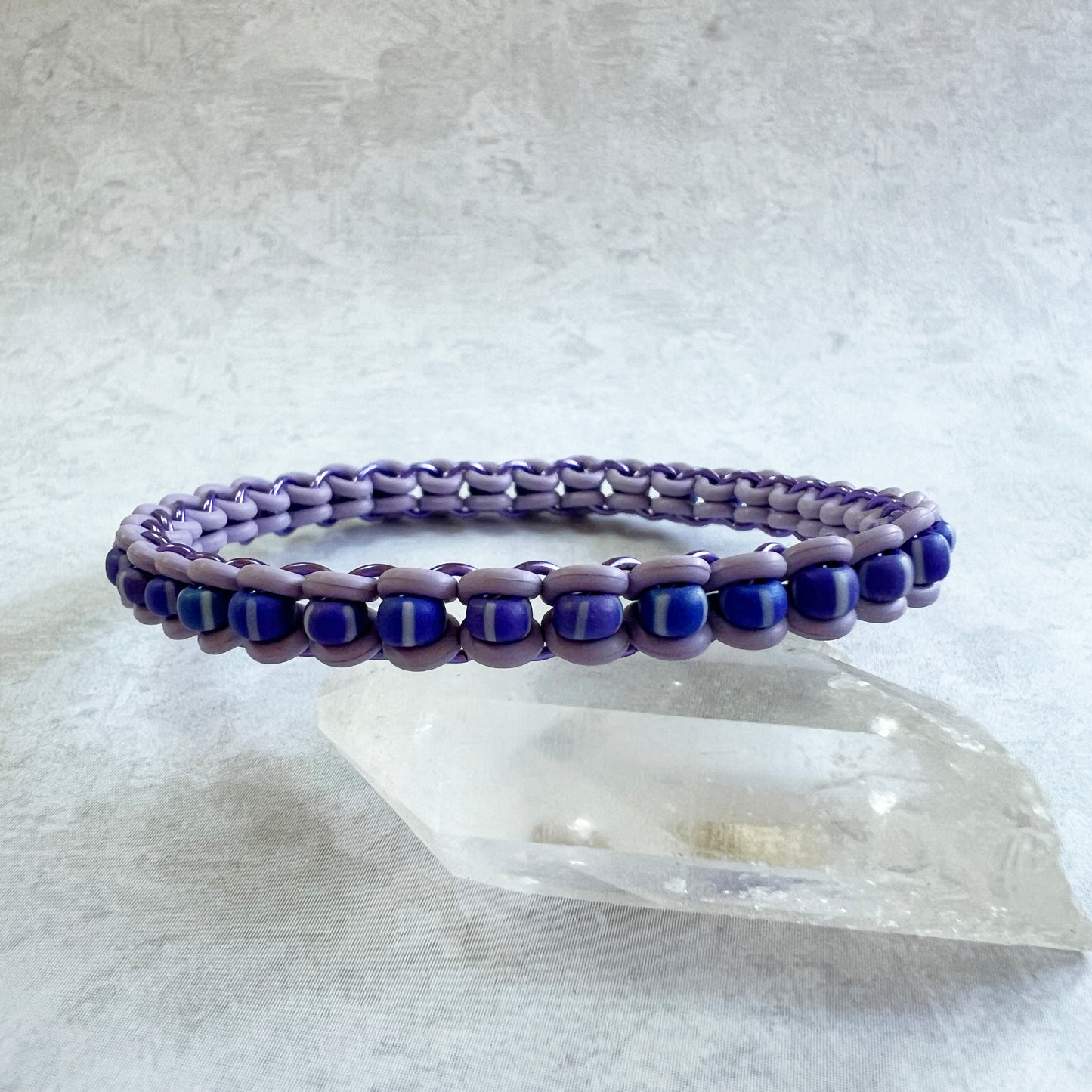 Beaded Stretch Bangle with Czech Beads Mini Kit & FREE Video - Pastel Purple, Grape & Matte Purple White Stripe