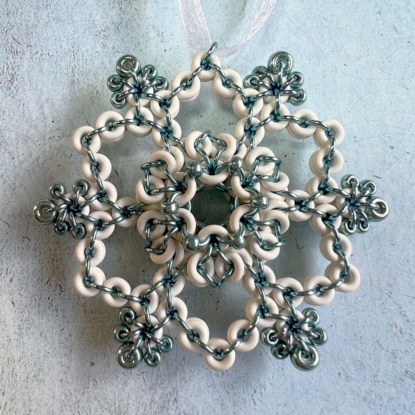 Beaded Lentil Snowflake Ornament Kit with Video Class White Sky Blue and Sea Foam