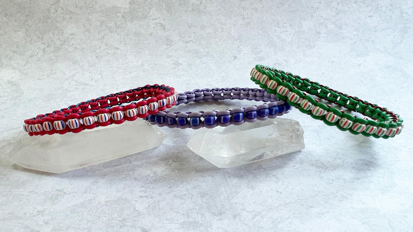 Beaded Stretch Bangle with Czech Beads Mini Kit & FREE Video - Green, Red & White Small Green Red Stripes