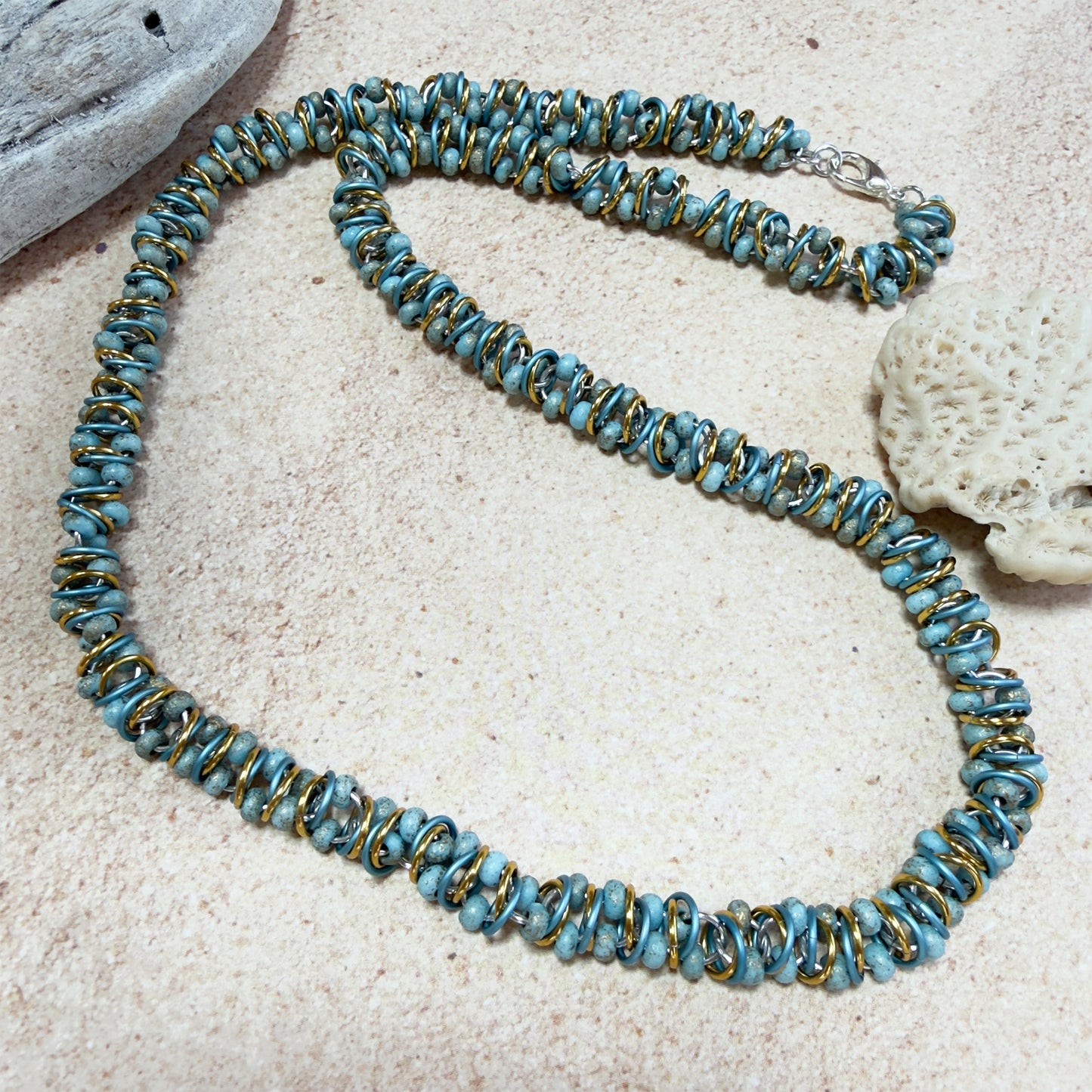 Beaded Swirl Chain Necklace Mini Kit with Video Class - Sky Blue Etched, Gold, & Silver