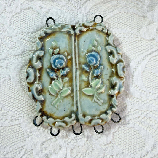Blue Rose Shabby Chic Pendant (2 1/8" x 2") - OOAK Ceramic